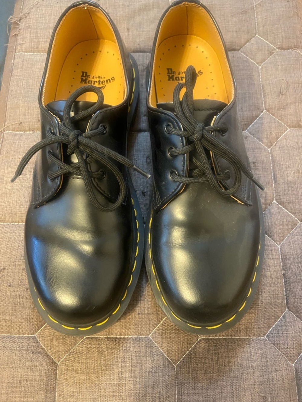 Dr. Martens Black Leather 3-Eye Derby with Yellow Stitching